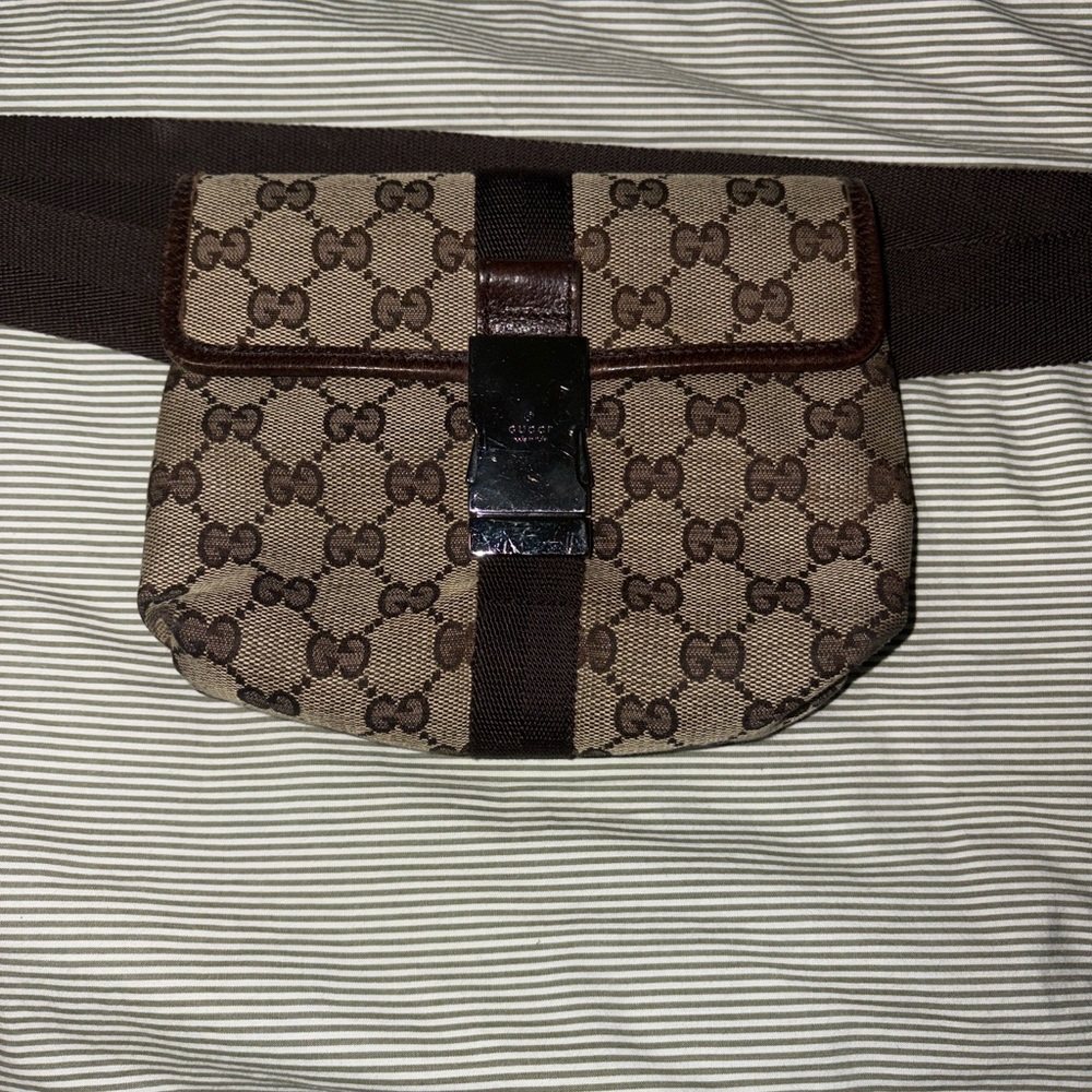 Gucci Beige and Brown Monogram Belt Bag (Fanny)